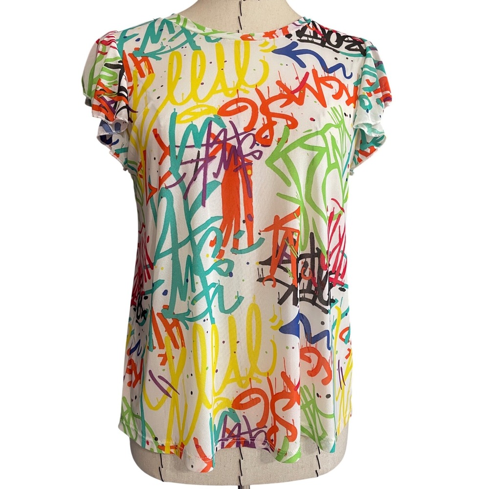 Love J Sheer Mesh Graffiti Print Top Ruffle Sleeve Multicolor Women's Large